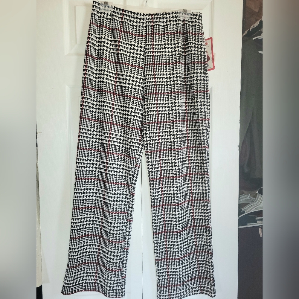 Chic Women's Houndstooth Wide Leg Pants With Elastic Waist  Mid Rise